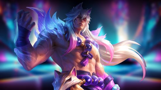 League of Legends boy band: a man with wolf-like ears and long white hair stands shirtless with a muscular build, a purple and pink backdrop behind him
