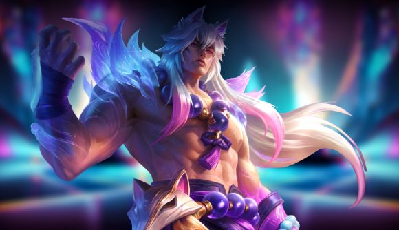 League of Legends boy band: a man with wolf-like ears and long white hair stands shirtless with a muscular build, a purple and pink backdrop behind him