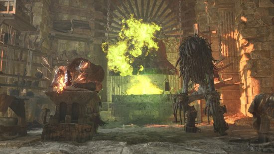 Lords of the fallen rune tablets: A blacksmith and a tree-like creature stand in front of a forge that spews green flames.