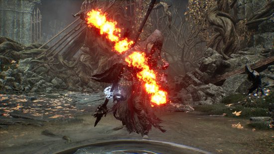 The Pyric Cultist is one of the Lords of the Fallen classes. This character is throwing fireballs in a swamp.