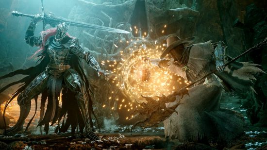 An armored knight and a clothed character face each other, with the light of a lantern between them in Lords of the Fallen multiplayer.