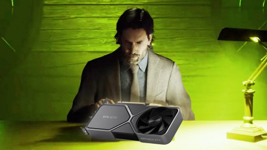 An image of Alan Wake from Alan Wake 2, looking down at a RTX 4070 GPU on his desk, with a green background.