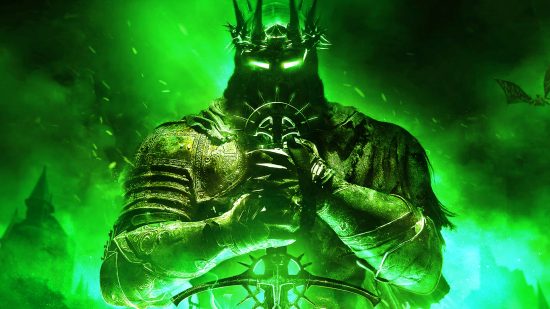 A dark-fantasy character from Lords of the Fallen, standing with a sword in hand, with the Nvidia shade of green all around them.