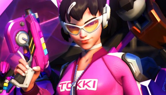 Overwatch 2 K-pop collab with Le Sserafim - D.va in her 'Tokki Fuchsia' outfit, part of a collaboration with Gentle Monster.