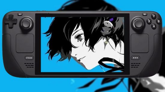 An image of the MC (main character) from Persona 3 Reload, looking towards the left, with a blue background, on the screen of a Steam Deck.